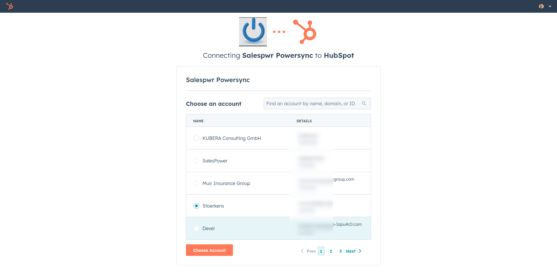 Step 2: Choose HubSpot Account to Connect with PowerSync